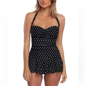 Rose Marie Reid Black Polka Dot Women's One Piece Swimsuit Size L Flirty Skirted